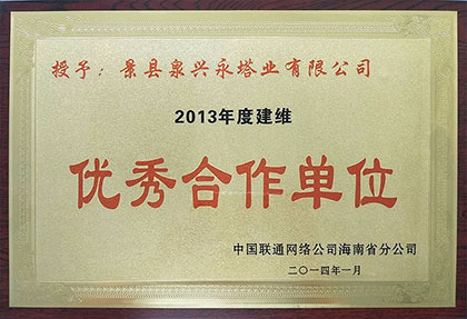 2013年度获得海南联通“优秀合作单位”称呼.jpg